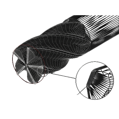 Sentinel 67 end mill viewed end-on &mdash; perfect concentricity with post-treated edge callout
